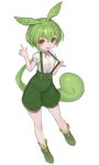  1girl boots commentary full_body green_footwear green_hair green_shorts green_suspenders hair_between_eyes hand_up highres lack looking_at_viewer open_mouth orange_eyes puffy_short_sleeves puffy_shorts puffy_sleeves shirt short_sleeves shorts solo voicevox white_shirt zundamon 