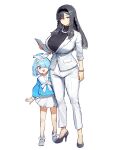  2girls arona_(blue_archive) black_hair black_hairband black_shirt blazer blue_archive blue_eyes blue_hair blue_shirt bow bracelet breasts female_sensei_(blue_archive) formal grey_eyes hair_ornament hair_over_one_eye hair_ribbon hairband hairclip halo height_difference high-waist_pants highres holding jacket jewelry large_breasts long_hair long_sleeves looking_at_viewer medium_hair melon22 multicolored_hair multiple_girls necklace open_mouth pants pearl_necklace pink_hair pleated_skirt puffy_long_sleeves puffy_sleeves ribbon sailor_collar school_uniform serafuku shirt shoes simple_background skirt sleeves_rolled_up smile standing streaked_hair suit turtleneck white_background white_bow white_footwear white_jacket white_pants white_ribbon white_sailor_collar white_skirt 