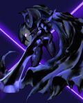  1boy broken_mask cape commentary_request dark_meta_knight flying highres holding holding_sword holding_weapon infrablack kirby_(series) looking_back male_focus mask purple_theme simple_background solo sword violet_eyes weapon 