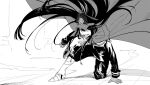  1girl black_hair cape clenched_hand fate/grand_order fate_(series) gloves greyscale hat highres long_hair metal_boots monochrome noz_2to oda_nobunaga_(fate) oda_nobunaga_(koha-ace) on_one_knee 