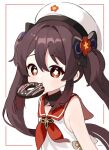  1girl aged_down blush bow brown_hair commentary_request doughnut food food_in_mouth genshin_impact hair_between_eyes hair_bow hair_intakes hat hu_tao_(autumn_pop-up_store)_(genshin_impact) hu_tao_(genshin_impact) long_hair looking_at_viewer miyako_draw official_alternate_costume sailor_collar sidelocks simple_background sleeveless solo symbol-shaped_pupils twintails very_long_hair white_background 