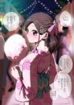  back blush brown_hair cotton_candy ear_piercing earrings flower hair_ornament highres japanese_clothes jewelry kimono long_hair looking_at_viewer night original outdoors piercing pink_nails ponytail sash solo_focus sweat translated violet_eyes zurikishi 