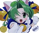 1girl animal_ears animal_hands animal_hat antenna_hair apron bell blue_dress cat_day cat_ears cat_hat dejiko di_gi_charat dress gloves green_eyes green_hair hair_bell hair_ornament hat highres looking_at_viewer maid_apron one_eye_closed open_mouth paw_gloves pepeppepe101 puffy_short_sleeves puffy_sleeves short_hair short_sleeves white_apron white_mittens 