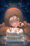  1boy animification birthday_cake blonde_hair blue_eyes cake candle coat commentary_request dated english_text fire food hat highres hood hood_up jacket kenny_mccormick korean_commentary male_child male_focus solo south_park sp_toyoill superhero 