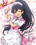 black_hair blue_eyes blush character_name dress ganaha_hibiki idolmaster_million_live!_theater_days long_hair smile wink