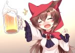  :d alcohol animal_ears beer beer_mug blush brooch brown_hair capelet closed_eyes cup dress drunk fangs highres holding holding_cup imaizumi_kagerou jewelry karasuma_amiru long_sleeves mug off-shoulder_dress off_shoulder open_mouth red_capelet red_hood skin_fangs smile touhou wide_sleeves wolf_ears wolf_girl 