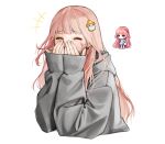  1girl closed_eyes covering_mouth grey_hoodie hair_ornament hood hoodie long_hair multiple_views original pink_hair pixel_art rinotuna sleeves_past_wrists standing upper_body 