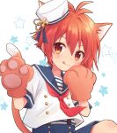  1boy animal_ears animal_hands blue_sailor_collar blue_shorts blush cat_boy cat_ears cat_tail chana_gon closed_mouth extra_ears gloves idolish7 male_focus nanase_riku paw_gloves red_eyes redhead sailor_collar shirt shorts smile solo star_(symbol) tail tongue tongue_out white_background white_shirt 
