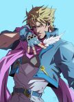  1boy absurdres battle_tendency blonde_hair blue_background blue_jacket caesar_anthonio_zeppeli cropped_jacket darwh facial_mark feathers fingerless_gloves gloves green_eyes headwear_removed highres holding holding_feather jacket jojo_no_kimyou_na_bouken male_focus manly pink_scarf scarf solo 