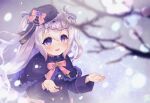  1girl :d blurry blurry_foreground blush branch capelet commission flower_knight_girl frilled_capelet frills from_above grey_hair hair_between_eyes hat long_hair long_sleeves looking_up pico_(p_i_c_o) pulmonaria_(flower_knight_girl) skeb_commission smile snow solo violet_eyes 