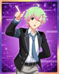  1boy ahoge arm_behind_back brown_eyes buttons collared_shirt green_hair hair_between_eyes idolmaster idolmaster_side-m idolmaster_side-m_growing_stars long_sleeves male_focus multicolored_hair necktie nekoyanagi_kirio official_art one_eye_closed parted_lips pink_hair school_uniform shirt teeth upper_teeth_only 