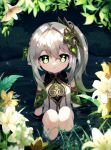  1girl absurdres arm_support blurry braid commentary_request depth_of_field detached_sleeves dress flower genshin_impact gradient_hair grass green_eyes grey_hair hair_between_eyes hair_ornament highres in_water knees_up leaf_hair_ornament long_hair looking_at_viewer miyako_draw multicolored_hair nahida_(genshin_impact) parted_lips pointy_ears short_sleeves side_ponytail sidelocks single_braid sitting solo symbol-shaped_pupils two-tone_hair wet wet_clothes white_dress 