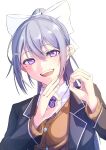  1girl :d absurdres blazer bow brown_cardigan cardigan collared_shirt doki_(oox3o) grey_hair hair_between_eyes hair_bow hair_ornament hairclip highres higuchi_kaede jacket long_hair looking_at_viewer mole mole_under_eye necktie nijisanji open_clothes open_jacket open_mouth plaid_necktie ponytail purple_necktie school_uniform shirt smile solo teeth upper_body upper_teeth_only very_long_hair violet_eyes virtual_youtuber white_bow white_shirt 
