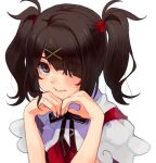  1girl ame-chan_(needy_girl_overdose) black_hair black_nails black_ribbon closed_mouth collar collared_shirt flypopo hair_ornament hair_over_one_eye hair_tie hands_on_own_chin highres looking_at_viewer neck_ribbon needy_girl_overdose red_shirt revision ribbon shirt simple_background solo twintails upper_body violet_eyes white_background white_collar x_hair_ornament 