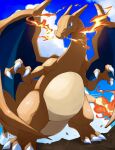  blue_eyes blue_sky breathing_fire charizard claws clouds commentary fangs fangs_out fire horns kou11021301 long_neck looking_ahead no_humans on_ground outdoors pokemon sky standing symbol-only_commentary wings 
