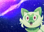  a-kiraa_(whisper) fangs highres meme open_mouth pokemon pokemon_(creature) red_eyes solo space space_cat_(meme) sparkle sprigatito starry_background tongue wide-eyed 