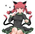  1girl :3 animal_ear_fluff animal_ears black_bow bow braid breasts cat_ears cat_tail chups dress extra_ears fang fang_out frills grey_dress hair_bow highres kaenbyou_rin legs_together long_sleeves multiple_tails nail_polish nekomata red_eyes red_nails redhead simple_background solo tail touhou tsurime twin_braids two_tails white_background wide_hips 