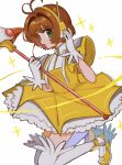  1girl antenna_hair brown_hair cardcaptor_sakura dress feather_trim fuuin_no_tsue gloves green_eyes highres holding holding_wand kinomoto_sakura looking_at_viewer magical_girl pepeppepe101 short_hair short_sleeves thigh-highs wand white_gloves white_thighhighs yellow_dress yellow_footwear 