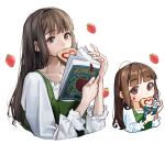  1girl blunt_bangs book brown_eyes brown_hair cropped_torso food food_on_face fruit hands_up heart holding holding_book long_hair long_sleeves looking_at_viewer mouth_hold multiple_views open_book original rinotuna shirt strawberry white_background white_shirt 