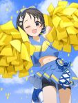  1girl bike_shorts black_eyes black_hair black_shorts blue_bow blue_footwear blue_shirt blue_skirt blue_sky blurry blurry_foreground bow clouds cloudy_sky commentary_request confetti dot_nose female_child hair_bow hair_ornament hairclip hands_up highres holding holding_pom_poms idolmaster idolmaster_cinderella_girls idolmaster_cinderella_girls_u149 light_blush looking_at_viewer megabee_e midriff navel one_eye_closed open_mouth pleated_skirt pom_pom_(cheerleading) rabbit_hair_ornament sasaki_chie shirt shoes short_hair shorts skirt sky smile sneakers solo standing standing_on_one_leg tank_top thighs 