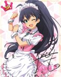 black_hair blue_eyes blush character_name dress ganaha_hibiki idolmaster_million_live!_theater_days long_hair smile wink