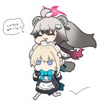  2girls ahoge animal_ear_fluff animal_ears apron black_dress black_gloves blue_archive blue_bow blue_eyes blush_stickers bow chibi closed_eyes commentary_request dress fingerless_gloves gloves grey_hair grey_pantyhose hair_between_eyes halo light_brown_hair long_hair long_sleeves maid maid_headdress michiru_(blue_archive) multiple_girls nyaru_(nyaru_4126) open_mouth pantyhose running short_eyebrows simple_background tail thick_eyebrows toki_(blue_archive) translation_request twintails very_long_hair white_apron white_background wide_sleeves 