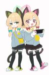  2girls aged_down animal_ear_headphones animal_ears aqua_bow bag black_thighhighs blonde_hair blue_archive blue_jacket blush bow cat_ear_headphones chestnut_mouth fake_animal_ears full_body green_eyes green_footwear hair_bow halo handheld_game_console headphones highres holding holding_handheld_game_console jacket long_sleeves looking_at_another midori_(blue_archive) momoi_(blue_archive) multiple_girls multiple_tails open_mouth parted_lips pink_eyes pink_footwear pleated_skirt ran_(bearsoymilk) red_bow satchel short_hair shorts siblings simple_background sisters skirt slippers smile tail thigh-highs twins white_background yellow_bag 
