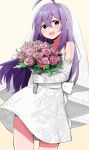  1girl ahoge bare_shoulders billbung blush bouquet bow bridal_veil collarbone dress elbow_gloves floral_print flower gloves highres holding holding_bouquet idolmaster idolmaster_million_live! idolmaster_million_live!_theater_days long_hair looking_at_viewer mochizuki_anna open_mouth purple_hair rose simple_background smile solo standing veil waist_bow wedding_dress yellow_background 