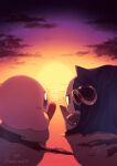  2boys absurdres beach blue_eyes cape clouds cloudy_sky cola_cola00 commentary_request highres kirby kirby_(series) male_focus mask meta_knight multiple_boys outdoors red_footwear shadow sitting sky sunset yellow_eyes 