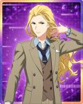  1boy blonde_hair buttons collared_shirt fingernails green_eyes hanamura_shoma idolmaster idolmaster_side-m idolmaster_side-m_growing_stars long_sleeves looking_at_viewer male_focus necktie official_art ponytail shirt 