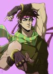  1boy absurdres blue_eyes brown_hair darwh fingerless_gloves gloves green_scarf headband highres jojo_no_kimyou_na_bouken jojo_pose joseph_joestar joseph_joestar_(young) male_focus pink_background pointing scarf solo striped striped_scarf triangle_mouth 