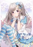  1girl alice_(alice_in_wonderland) blush booota card dress flower frilled_cuffs grey_hair hair_ribbon hands_on_own_face hugging_own_legs idolmaster idolmaster_shiny_colors knees_together_feet_apart layered_dress long_hair looking_at_viewer multicolored_clothes multicolored_dress parted_lips puffy_sleeves ribbon rose sidelocks solo striped striped_thighhighs thigh-highs twintails violet_eyes yukoku_kiriko 