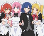  4girls :d absurdres ahoge apron artist_name black_bow black_bowtie black_dress black_jacket black_pants blonde_hair blue_eyes blue_hair blush bocchi_the_rock! bow bowtie closed_mouth collared_shirt commentary_request double_v dress formal gotou_hitori green_eyes grey_background grey_vest hair_between_eyes hair_ornament hair_over_eyes hairclip hands_in_pockets highres ijichi_nijika jacket kita_ikuyo long_hair long_sleeves looking_at_viewer maid maid_apron maid_headdress mole mole_under_eye multiple_girls one_side_up open_clothes open_jacket open_mouth pants pink_hair puffy_short_sleeves puffy_sleeves red_bow red_bowtie red_eyes redhead rokochandayo shirt short_hair short_sleeves side_ponytail sidelocks simple_background smile sparkle suit sweatdrop translation_request twitter_username upper_body v vest watermark white_apron white_shirt wrist_cuffs yamada_ryou yellow_eyes 