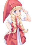 1girl absurdres blonde_hair blue_eyes blunt_bangs bracelet braid dragon_quest dragon_quest_xi dress hat highres jewelry kaede_(maple4rt) layered_dress long_hair looking_at_viewer puffy_short_sleeves puffy_sleeves red_dress red_headwear short_sleeves smile solo twin_braids twintails veronica_(dq11) white_background white_dress