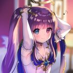  arms_up blue_eyes blurry blurry_background blush bridal_gauntlets dennou_tenshi_djibril eighth_note elbow_gloves gloves halo indoors looking_at_viewer musical_note official_art pico_(p_i_c_o) ponytail purple_hair smile tying_hair upper_body violet_eyes white_gloves 