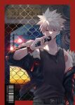  1boy absurdres alternate_costume arm_at_side back_cover bakugou_katsuki barcode belt black_tank_top blonde_hair blue_sky boku_no_hero_academia border bracelet bright_pupils casual chain-link_fence character_name clothes_writing clouds cloudy_sky collarbone cover dusk english_text evening expressionless eyebrows_hidden_by_hair fence floating_clothes fur-trimmed_jacket fur_trim green_pupils hair_between_eyes hand_up highres holding holding_microphone jacket jewelry light looking_at_viewer male_focus microphone nao_(n_sai_ao) necklace no_trucks_sign off_shoulder open_clothes open_jacket outside_border parted_lips pocket power_lines red_border red_eyes road road_sign sanpaku scar short_hair sign single_bare_shoulder single_vertical_stripe sky sleeveless sleeves_past_elbows solo spiky_hair spoilers straight-on tank_top tooth_necklace two-sided_fabric two-sided_jacket upper_body utility_pole v-shaped_eyebrows watch watch zipper zipper_pull_tab 