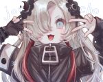  1girl :3 absurdres asymmetrical_sleeves black_coat black_flower blue_eyes character_name coat double_w fangs fingerless_gloves flower flower_(symbol) gloves grey_hair hair_flower hair_ornament hair_over_one_eye high_collar highres isekai_joucho kamitsubaki_studio long_hair looking_at_viewer multicolored_hair open_mouth redhead ria_(rian_0210) romaji_text short_eyebrows sidelocks simple_background single_fingerless_glove solo sparkle streaked_hair uneven_sleeves upper_body v-shaped_eyebrows w w_over_eye wavy_hair white_background zipper zipper_pull_tab 
