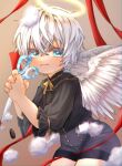  1boy angel angel_wings black_shirt black_shorts blue_eyes blush brown_background closed_mouth feathered_wings grey_background halo holding holding_scissors looking_at_viewer male_child male_focus multicolored_background original red_ribbon ribbon scissors shirt short_hair shorts toron_0812 white_hair wings 