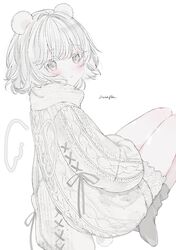  1girl animal_ears bear_ears blush driedflower full_body grey_eyes grey_footwear highres long_sleeves looking_at_viewer original parted_lips ribbon_trim short_hair signature simple_background solo sweater white_background white_hair white_sweater 