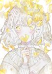  1girl absurdres autumn_leaves blush covering_mouth driedflower frilled_sweater ginkgo_leaf grey_sweater highres holding holding_leaf leaf looking_at_viewer medium_hair original signature simple_background solo sweater upper_body white_background white_hair yellow_eyes yellow_theme 