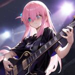  1girl black_shirt blue_eyes bocchi_the_rock! breasts cube_hair_ornament electric_guitar gibson_les_paul gotou_hitori guitar hair_ornament haje highres holding holding_instrument holding_plectrum instrument long_hair medium_breasts music pink_hair playing_instrument plectrum shirt short_sleeves t-shirt 