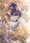  1boy aohi_2wa bishounen brown_hair closed_mouth flower highres looking_at_viewer male_focus original short_hair solo upper_body yellow_flower 