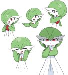  1girl =_= blush closed_mouth colored_skin commentary constricted_pupils cowboy_shot crossed_arms flat_chest flying_sweatdrops gardevoir green_hair green_skin hair_between_eyes hair_over_one_eye half-closed_eyes hand_up hands_on_own_cheeks hands_on_own_face hands_up happy index_finger_raised index_fingers_together korean_commentary light_blush looking_at_viewer looking_away looking_to_the_side multicolored_skin multiple_views nervous one_eye_covered own_hands_together pokemon pokemon_(creature) rarara_(pixiv_14765246) red_eyes shaded_face short_hair simple_background smile standing straight-on two-tone_skin upper_body white_background white_skin 