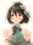  1girl arm_strap armlet armpit_crease backlighting bare_shoulders blush bob_cut breasts collarbone dot_nose dress earrings flower green_dress green_hair hair_flower hair_ornament idolmaster idolmaster_million_live! idolmaster_million_live!_theater_days jewelry looking_at_viewer nagayoshi_subaru parted_lips pinky_swear red_eyes scrunchie short_hair simple_background smile solo suggeee486 two-tone_bowtie 