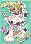  1girl ;d animal_ears animal_hands animal_hat apron bell blue_bow blue_dress bow broom bug caffeinejunk6 cat_ears cat_hat cat_tail dejiko di_gi_charat dress full_body gloves green_eyes green_hair hair_bell hair_intakes hair_ornament hat highres holding holding_broom jingle_bell looking_at_viewer maid_apron one_eye_closed open_mouth parted_bangs paw_gloves paw_shoes puffy_sleeves short_hair smile solo standing tail v white_mittens 