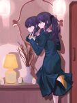  1girl absurdres black_dress black_hair door dress expressionless foot_out_of_frame highres indoors lamp leg_up long_hair long_sleeves mirror original plant ponytail potted_plant profile purple_hair reflection shadow shi_rushi shoes solo yellow_footwear 
