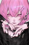  1girl absurdres black_choker black_dress choker closed_mouth dress earrings fingernails hair_between_eyes hair_ornament hairclip highres jewelry long_sleeves looking_at_viewer mano_aaa niconico nqrse piercing pink_eyes pink_hair pink_lips ring sharp_fingernails short_hair smile 