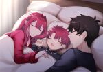  1girl 2boys bed_sheet black_hair black_pajamas closed_eyes closed_mouth commentary_request commission fairy_knight_tristan_(fate) fate/grand_order fate_(series) father_and_son fujimaru_ritsuka_(male) hair_between_eyes hair_intakes highres ichi_kq if_they_mated indoors long_hair long_sleeves lying mother_and_son multiple_boys on_bed open_mouth pajamas pillow pixiv_commission pointy_ears profile red_pajamas redhead short_hair sleeping straight_hair 