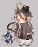  1boy arknights black_gloves black_hair blush chibi chong_yue_(arknights) closed_mouth doctor_(arknights) dragon_boy dragon_horns dragon_tail full_body gloves grey_background grey_hair grey_jacket highres horns jacket long_sleeves male_focus multicolored_hair pants parted_bangs pointy_ears red_eyes rocco shoes simple_background sleeves_past_wrists standing streaked_hair sweat tail white_footwear white_pants 