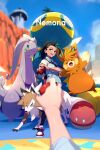  1girl 1other :d black_hair black_pantyhose blurry clouds commentary_request day depth_of_field dudunsparce echo_(circa) goodra green_hair holding holding_poke_ball long_hair looking_at_viewer lycanroc multicolored_hair necktie nemona_(pokemon) open_mouth orthworm outdoors pantyhose pawmot poke_ball poke_ball_(basic) pokemon pokemon_(creature) pokemon_(game) pokemon_sv ponytail pov purple_necktie shirt shoes short_sleeves sky smile sneakers standing two-tone_hair 